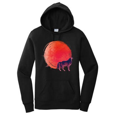Watercolor Red Moon and Howling Wolf Women's Pullover Hoodie
