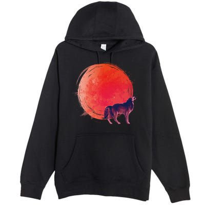 Watercolor Red Moon and Howling Wolf Premium Pullover Hoodie