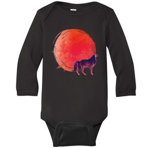 Watercolor Red Moon and Howling Wolf Baby Long Sleeve Bodysuit