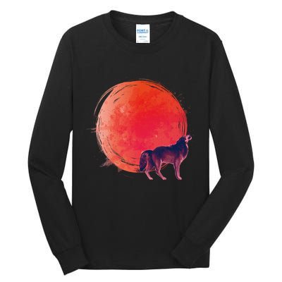 Watercolor Red Moon and Howling Wolf Tall Long Sleeve T-Shirt
