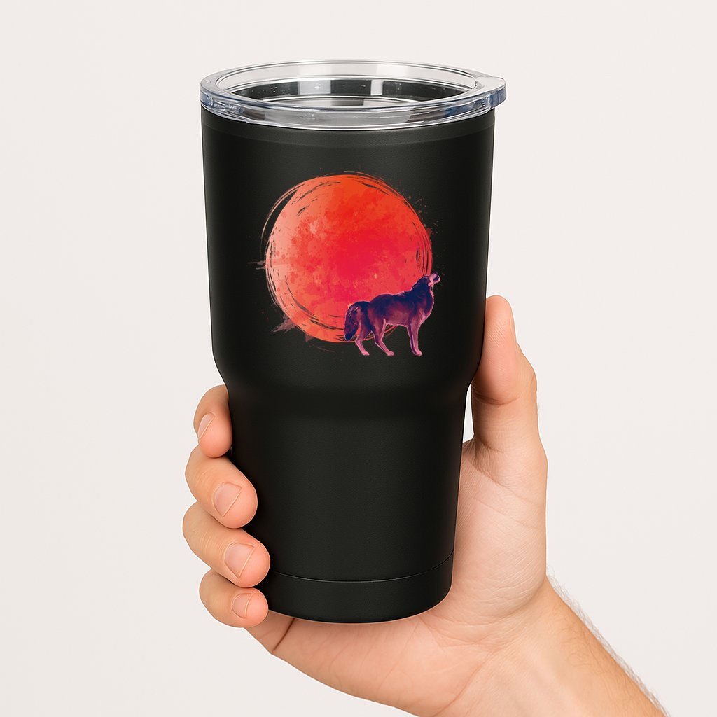 Watercolor Red Moon and Howling Wolf Tumbler