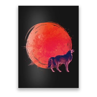 Watercolor Red Moon and Howling Wolf Poster