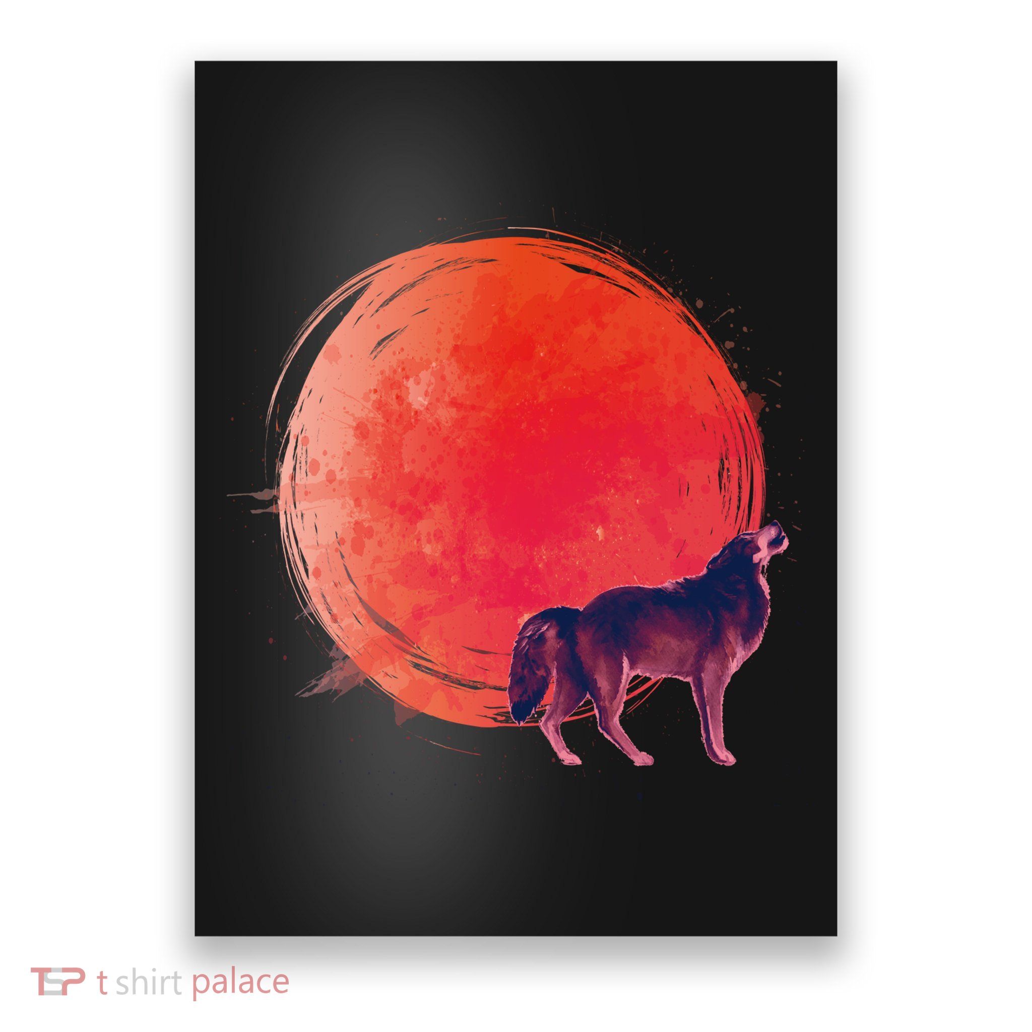 Watercolor Red Moon and Howling Wolf Poster