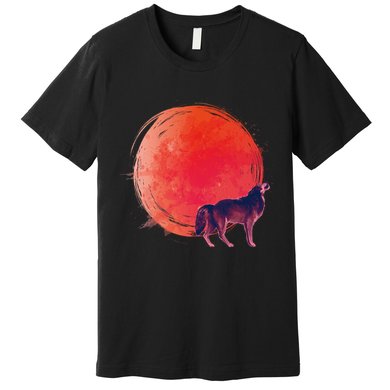Watercolor Red Moon and Howling Wolf Premium T-Shirt