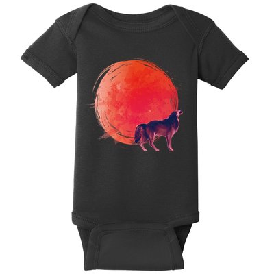 Watercolor Red Moon and Howling Wolf Baby Bodysuit