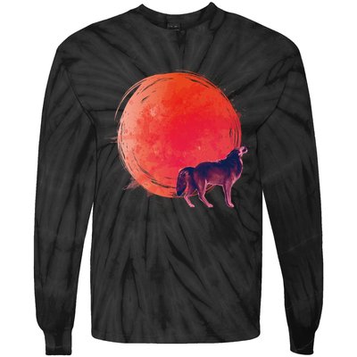 Watercolor Red Moon and Howling Wolf Tie-Dye Long Sleeve Shirt