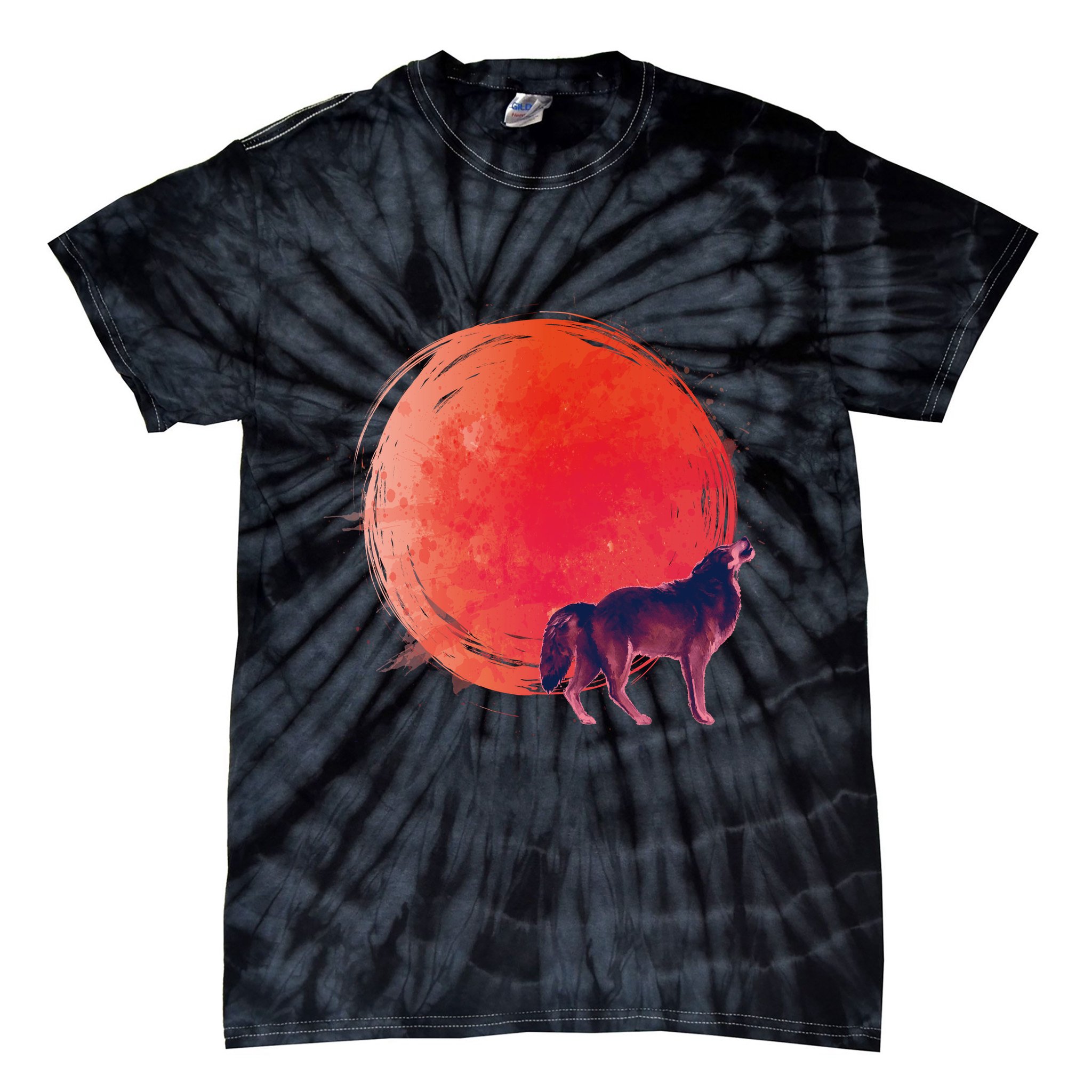 Watercolor Red Moon and Howling Wolf Tie-Dye T-Shirt