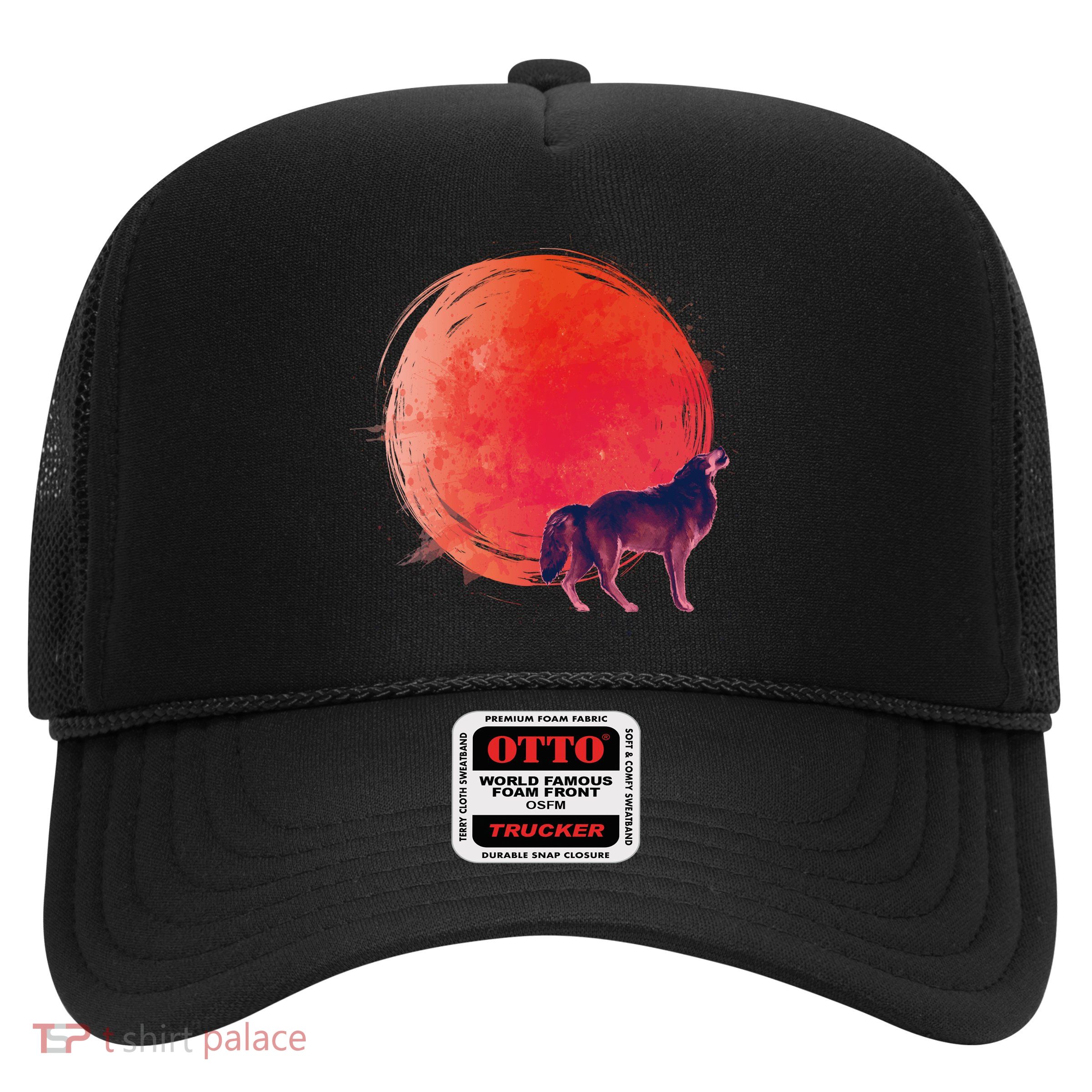 Watercolor Red Moon and Howling Wolf Trucker Hat