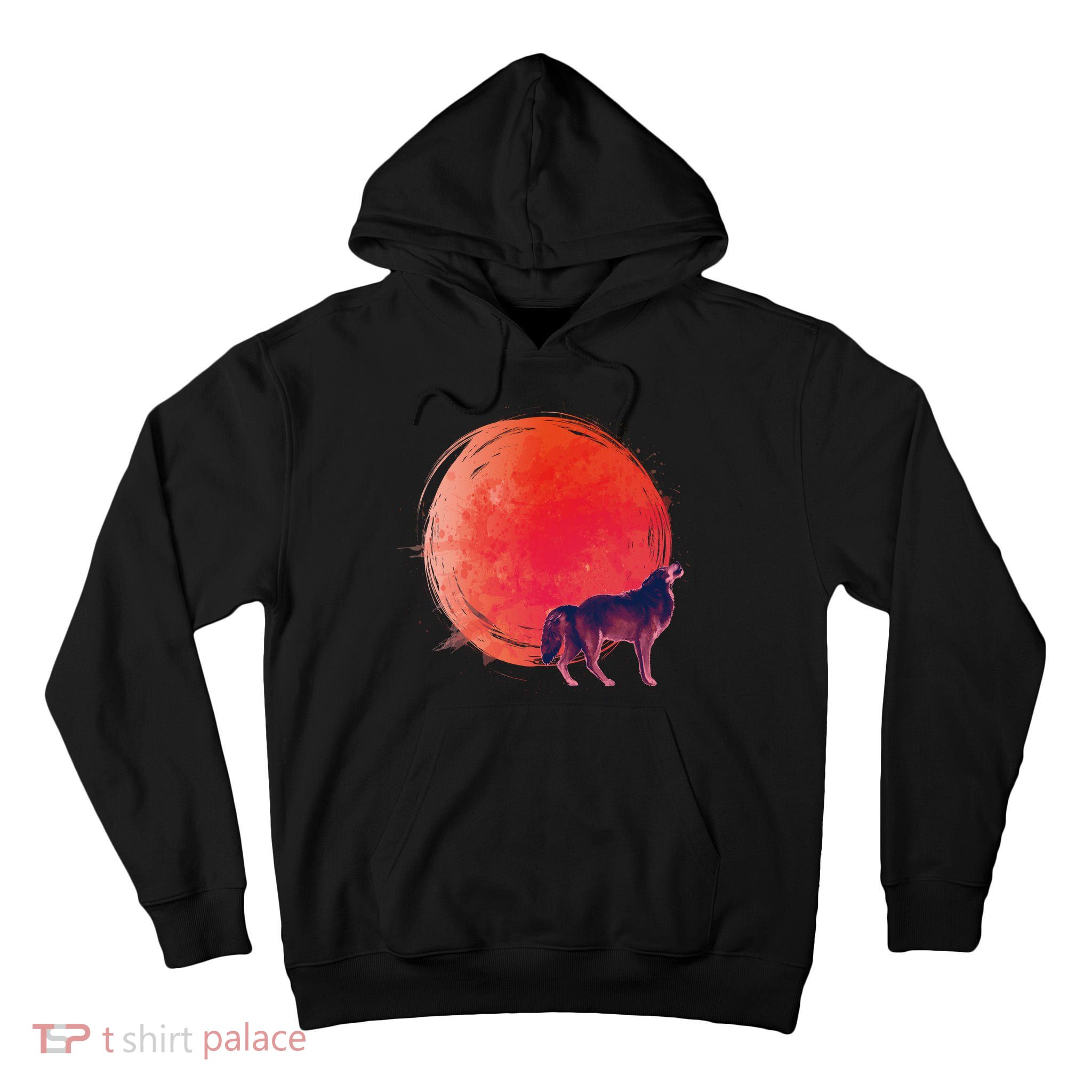 Watercolor Red Moon and Howling Wolf Tall Hoodie