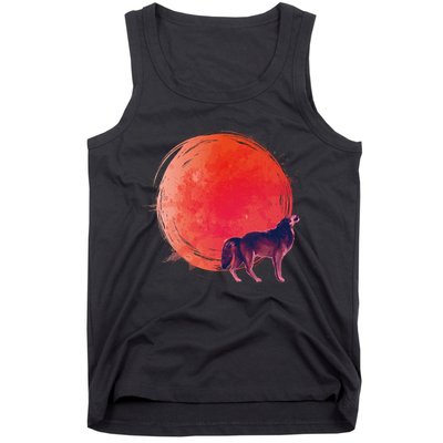 Watercolor Red Moon and Howling Wolf Tank Top