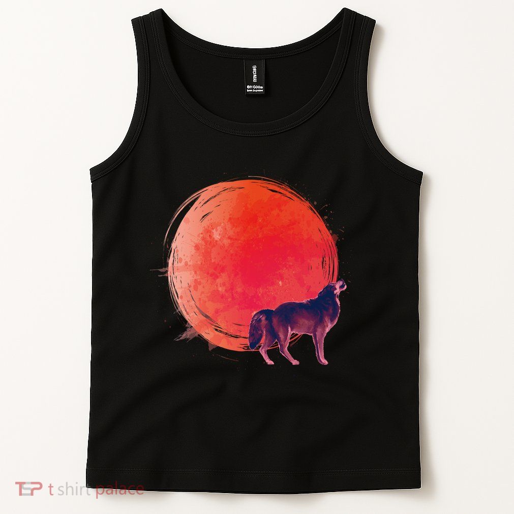 Watercolor Red Moon and Howling Wolf Tank Top