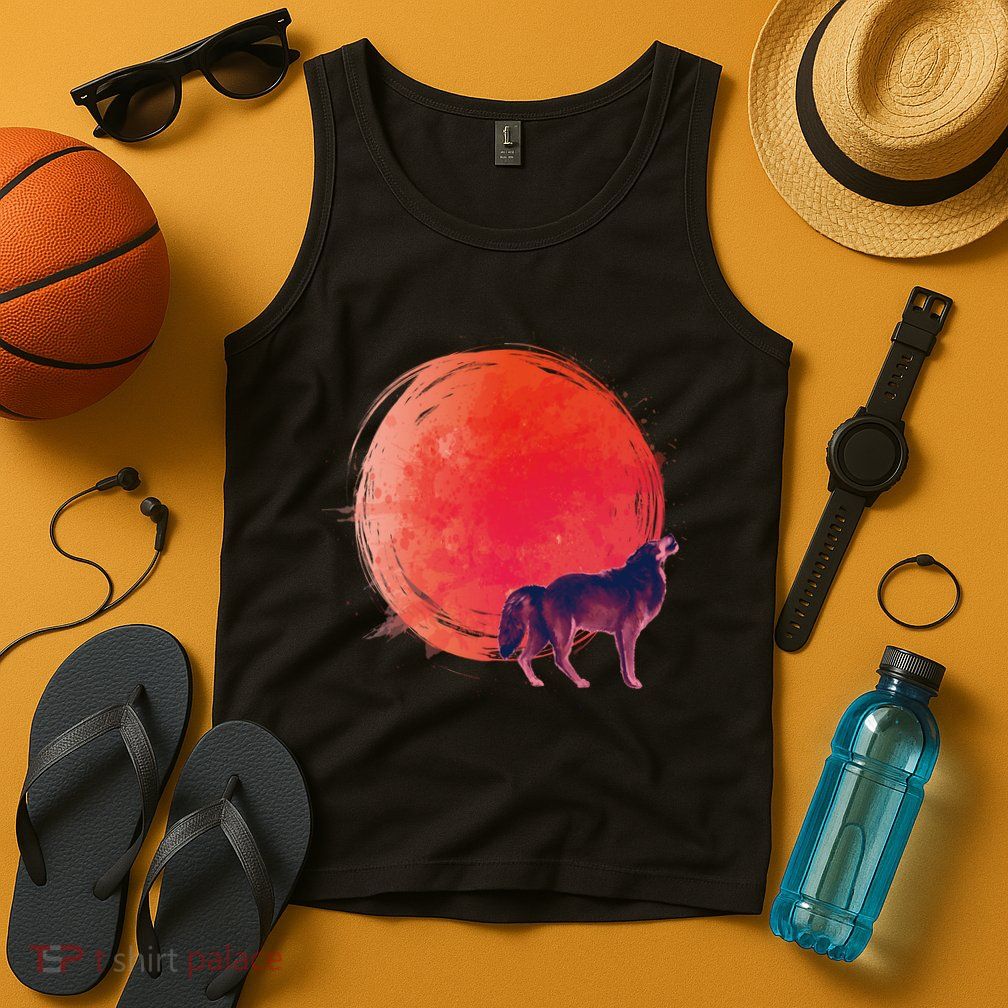 Watercolor Red Moon and Howling Wolf Tank Top