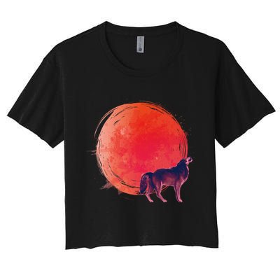 Watercolor Red Moon and Howling Wolf Crop Top