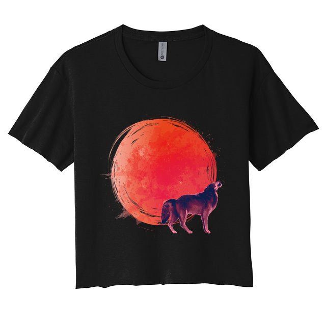 Watercolor Red Moon and Howling Wolf Crop Top