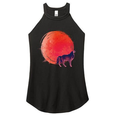 Watercolor Red Moon and Howling Wolf Women's Perfect Tri Rocker Tank