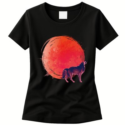 Watercolor Red Moon and Howling Wolf Womens T-Shirt