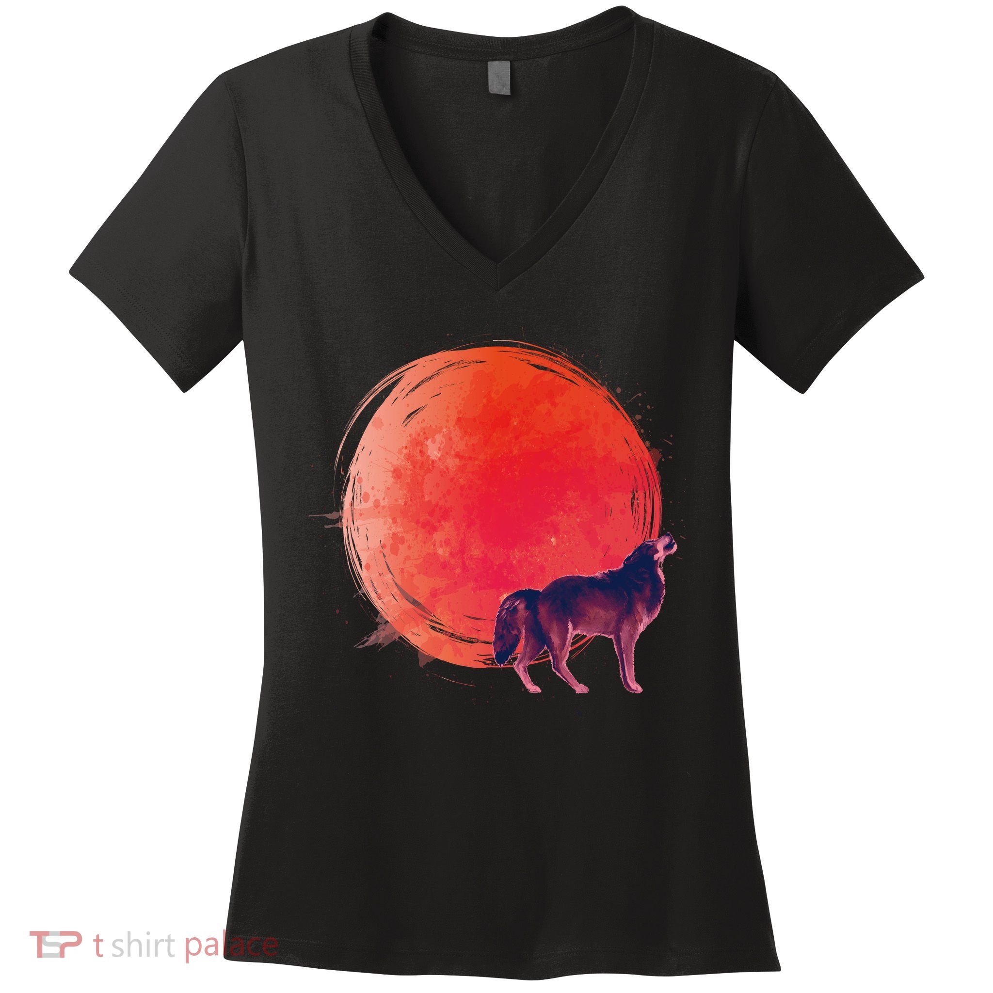 Watercolor Red Moon and Howling Wolf Women's V-Neck T-Shirt