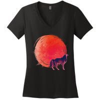 Watercolor Red Moon and Howling Wolf Women's V-Neck T-Shirt