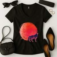 Watercolor Red Moon and Howling Wolf Women's V-Neck T-Shirt