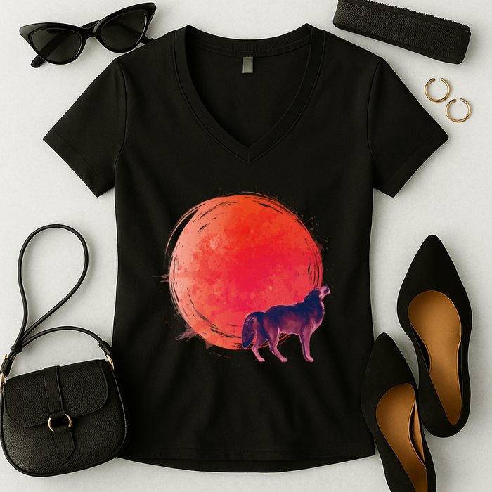 Watercolor Red Moon and Howling Wolf Women's V-Neck T-Shirt