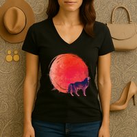 Watercolor Red Moon and Howling Wolf Women's V-Neck T-Shirt