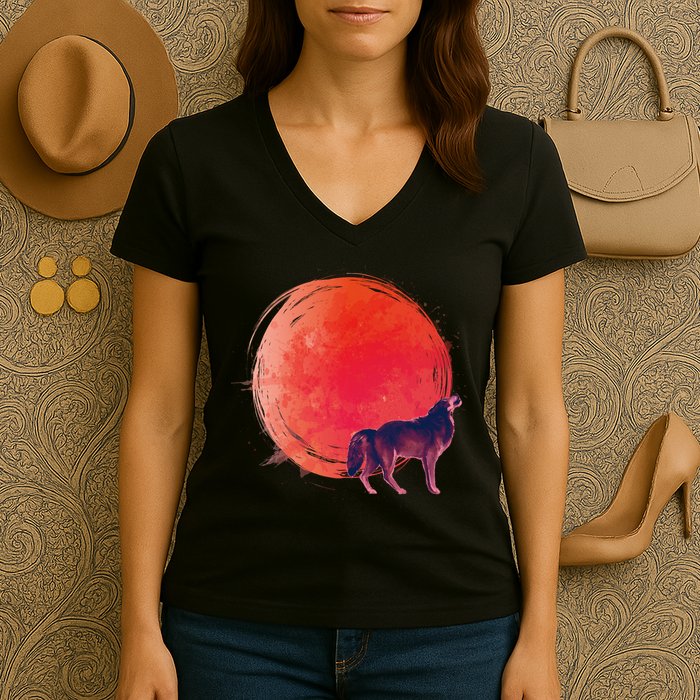 Watercolor Red Moon and Howling Wolf Women's V-Neck T-Shirt