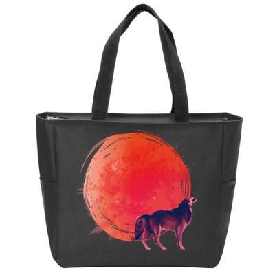 Watercolor Red Moon and Howling Wolf Zip Tote Bag