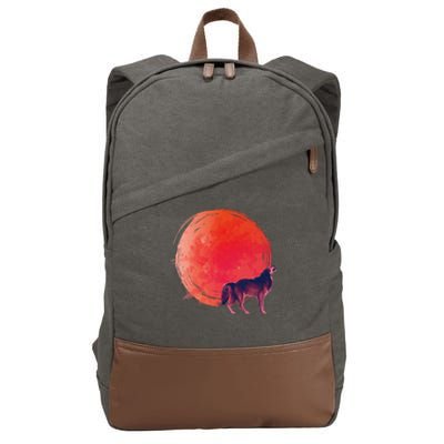 Watercolor Red Moon and Howling Wolf Cotton Canvas Backpack