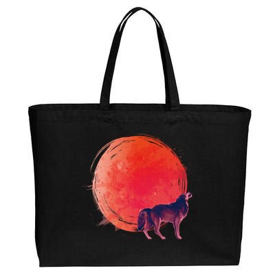 Watercolor Red Moon and Howling Wolf Cotton Canvas Jumbo Tote