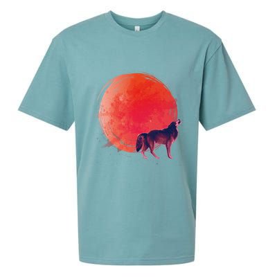 Watercolor Red Moon and Howling Wolf Sueded Cloud Jersey T-Shirt