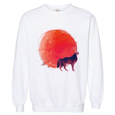 Watercolor Red Moon and Howling Wolf Garment-Dyed Sweatshirt