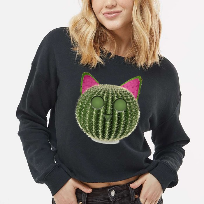 Watermelon Cactus Cat Catcus Cropped Pullover Crew