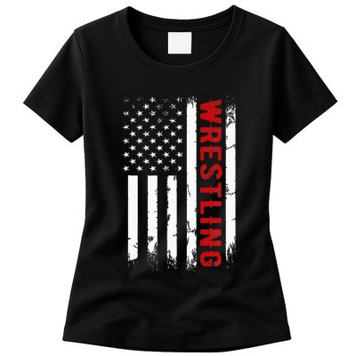 Wrestling American Usa Flag Womens T-Shirt