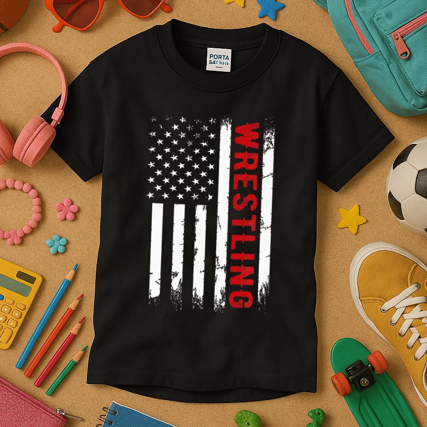 Wrestling American Usa Flag Kids T-Shirt