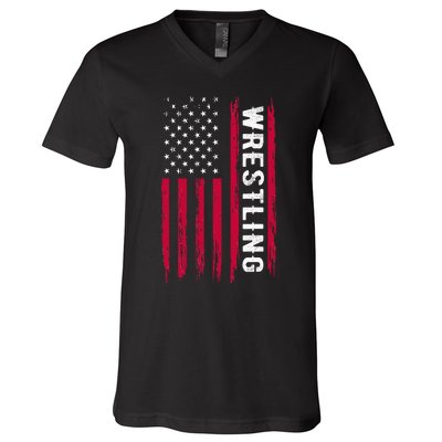 Wrestling American Usa Flag Funny Wrestle Boy Wrestling V-Neck T-Shirt