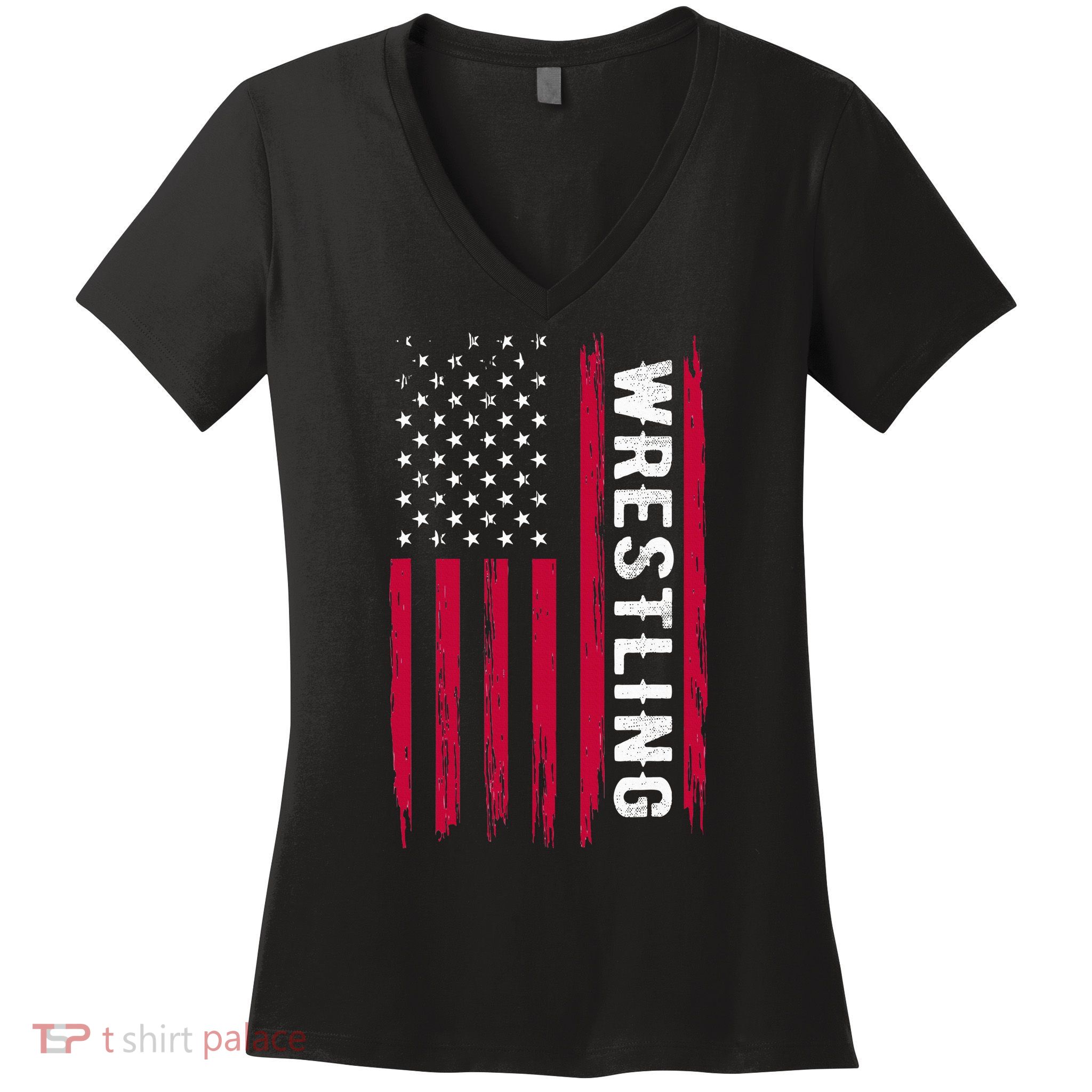 Wrestling American Usa Flag Funny Wrestle Boy Wrestling Women's V-Neck T-Shirt