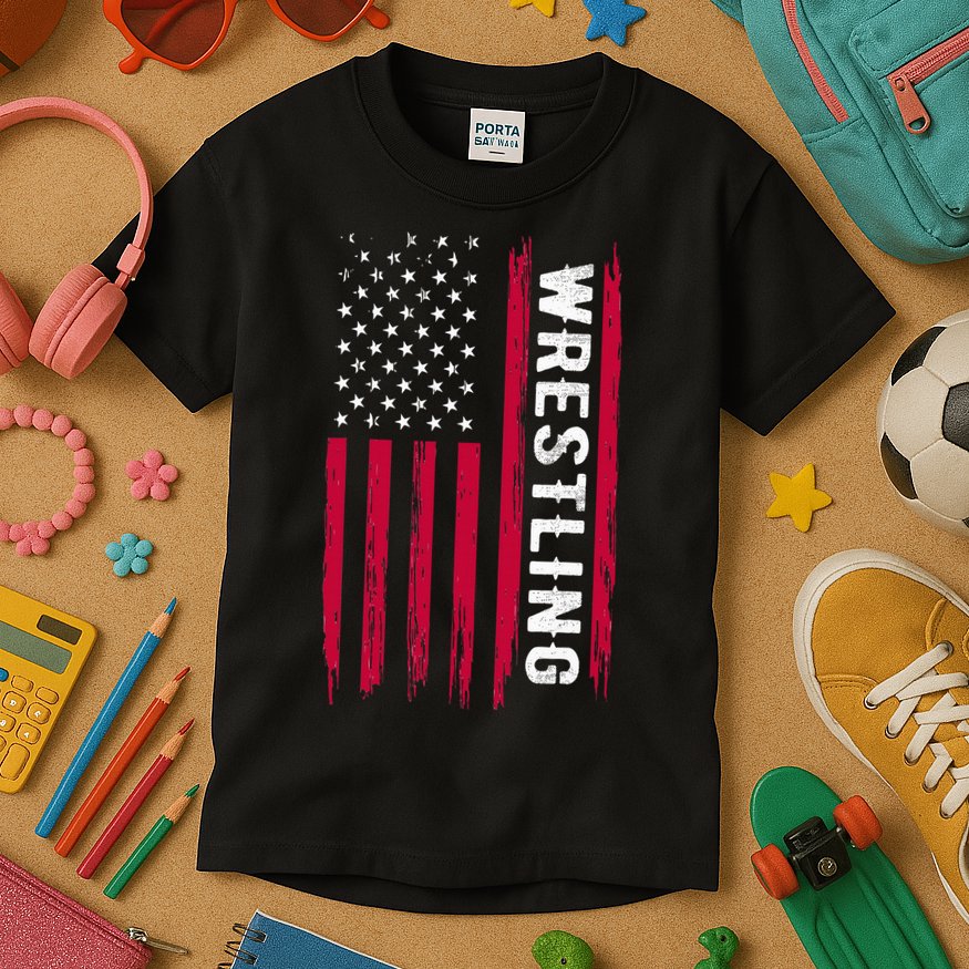 Wrestling American Usa Flag Funny Wrestle Boy Wrestling Kids T-Shirt