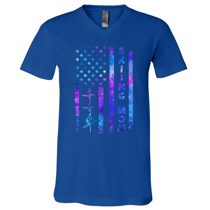 Wo American Us Flag Skiing Mom Galaxy Space Patriotic Gift V-Neck T-Shirt