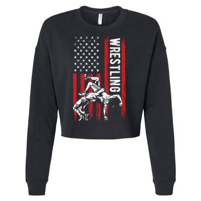 Wrestling American Usa Flag Funny Wrestle Wrestling Cropped Pullover Crew