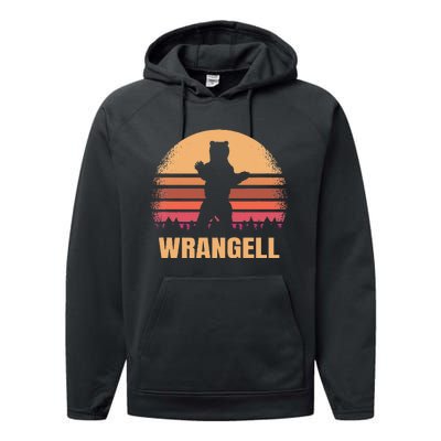 Wrangell Alaska Vintage Bear Ak Retro Distressed 80s Sunset Performance Fleece Hoodie