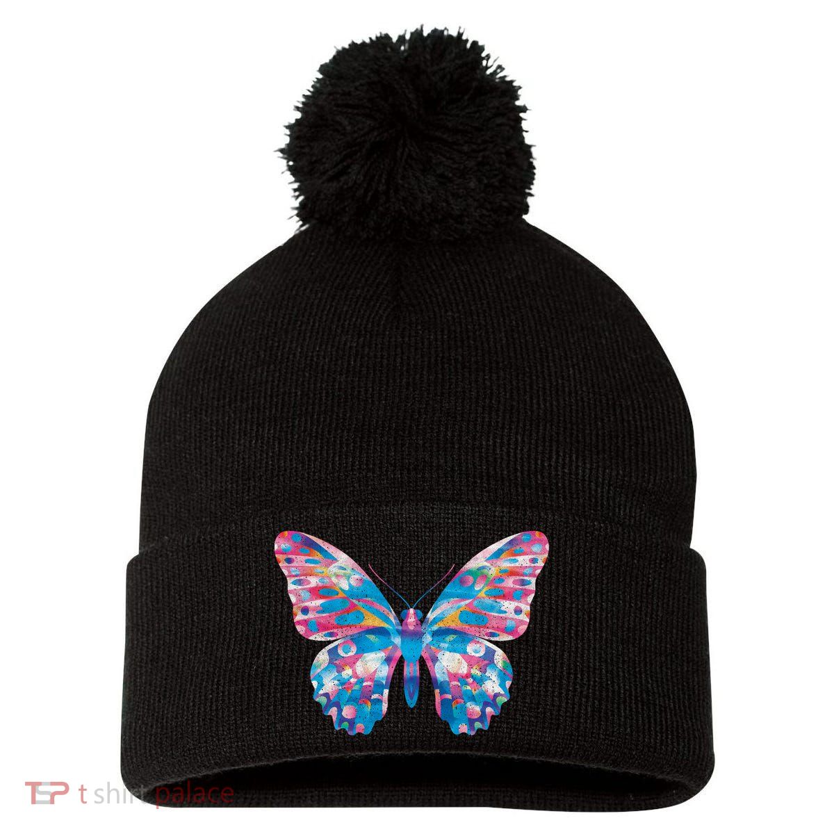 Wavy Colorful Butterfly Illustration  Pom Pom 12in Knit Beanie