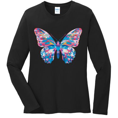 Wavy Colorful Butterfly Illustration  Ladies Long Sleeve Shirt
