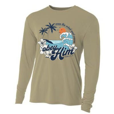 Wind And Waves Obey Him Christian Jesus Beach Bible Verse Cooling Performance Long Sleeve Crew