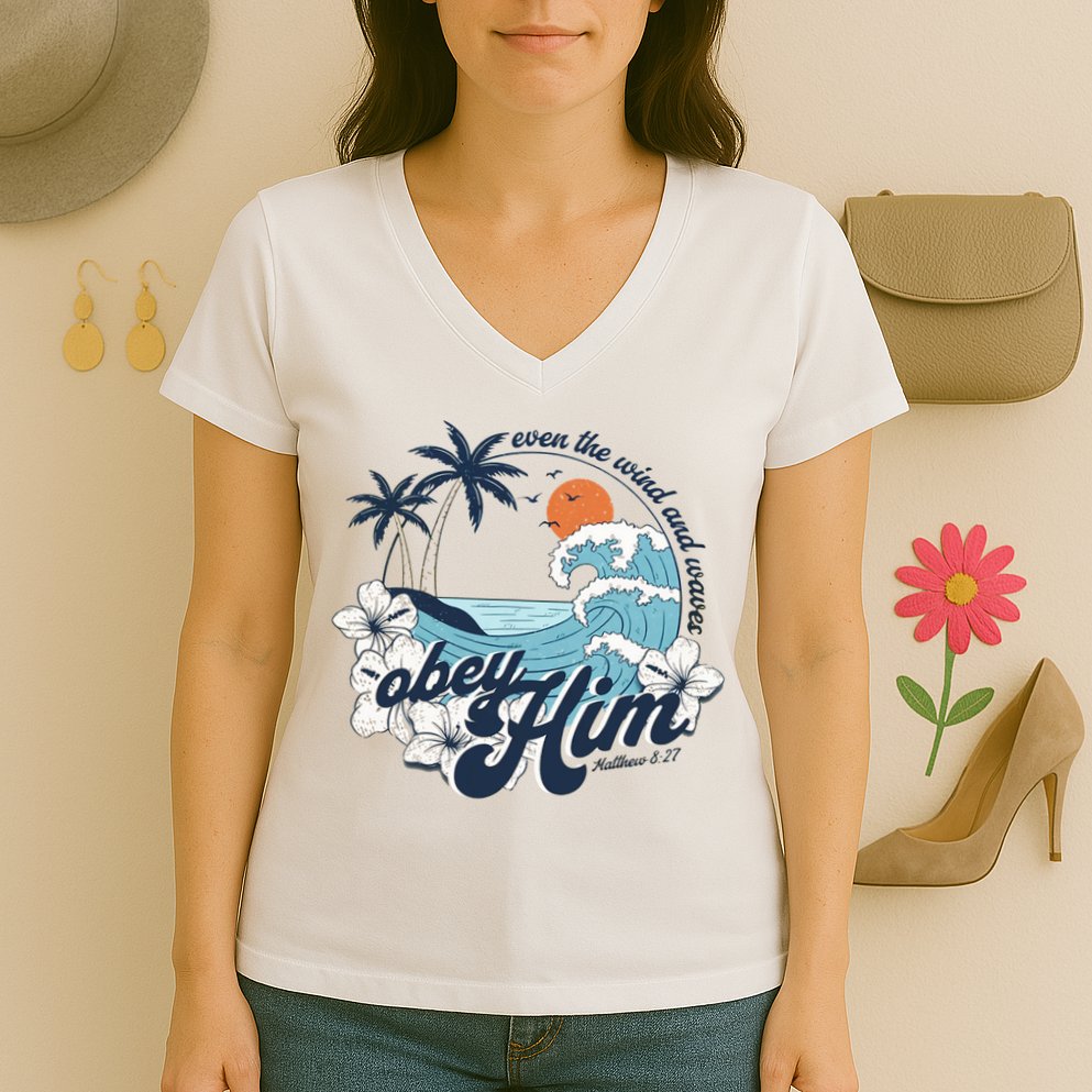 Wind And Waves Obey Him Christian Jesus Beach Bible Verse Women's V-Neck T-Shirt