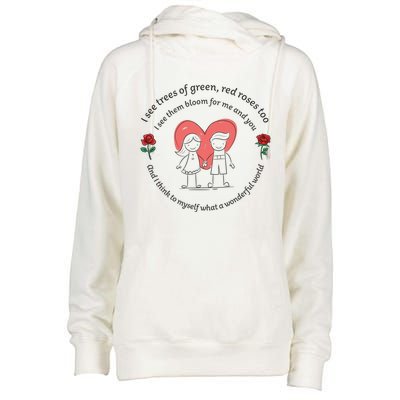 What A Wonderful World Gift Drawn Couple In Love With Roses Gift Womens Funnel Neck Pullover Hood