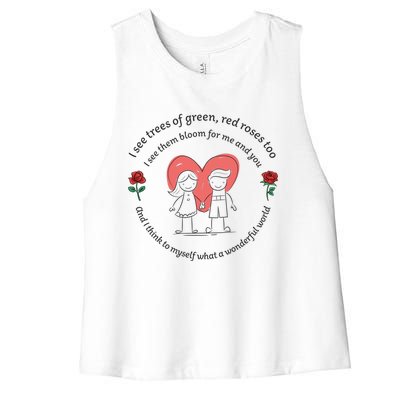 What A Wonderful World Gift Drawn Couple In Love With Roses Gift Women's Racerback Cropped Tank