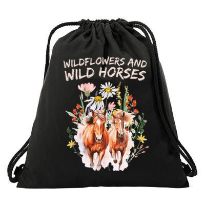 Wildflowers And Wild Horses Nature Beauty Country Drawstring Bag