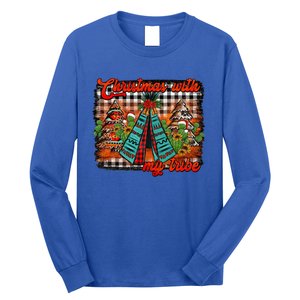 Western Boho Aztec Cowhide Red Plaid Christmas With My Tribe Gift Long Sleeve Shirt