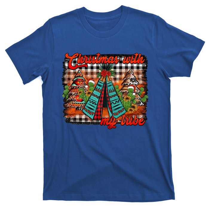 Western Boho Aztec Cowhide Red Plaid Christmas With My Tribe Gift T-Shirt