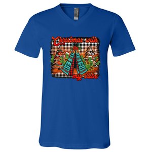 Western Boho Aztec Cowhide Red Plaid Christmas With My Tribe Gift V-Neck T-Shirt